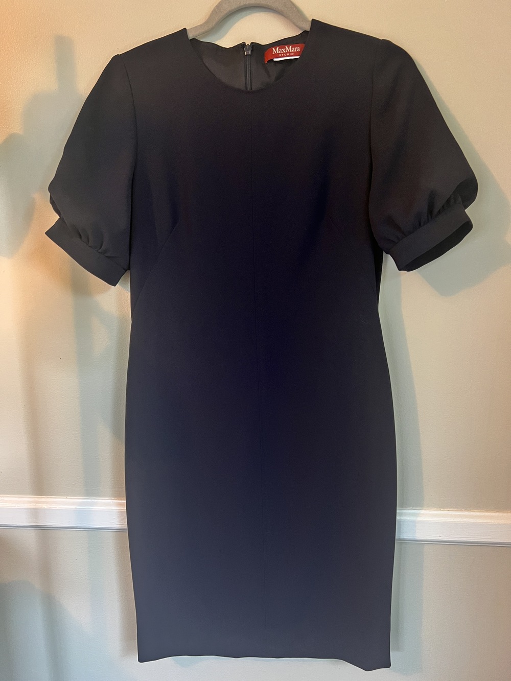Max Mara Studio Women's Sheath Dress Navy Blue Size 6 Short Puff Sleeve Career